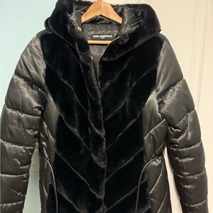Karl Lagerfeld Black Puffer Coat with Faux Fur Trim